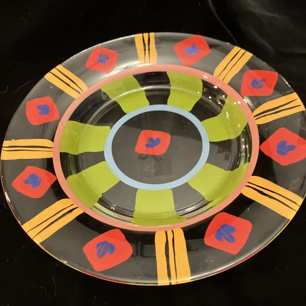 Clear Art Glass Hand Painted Vibrant Colorful Display or Dinner Plates Set of 2